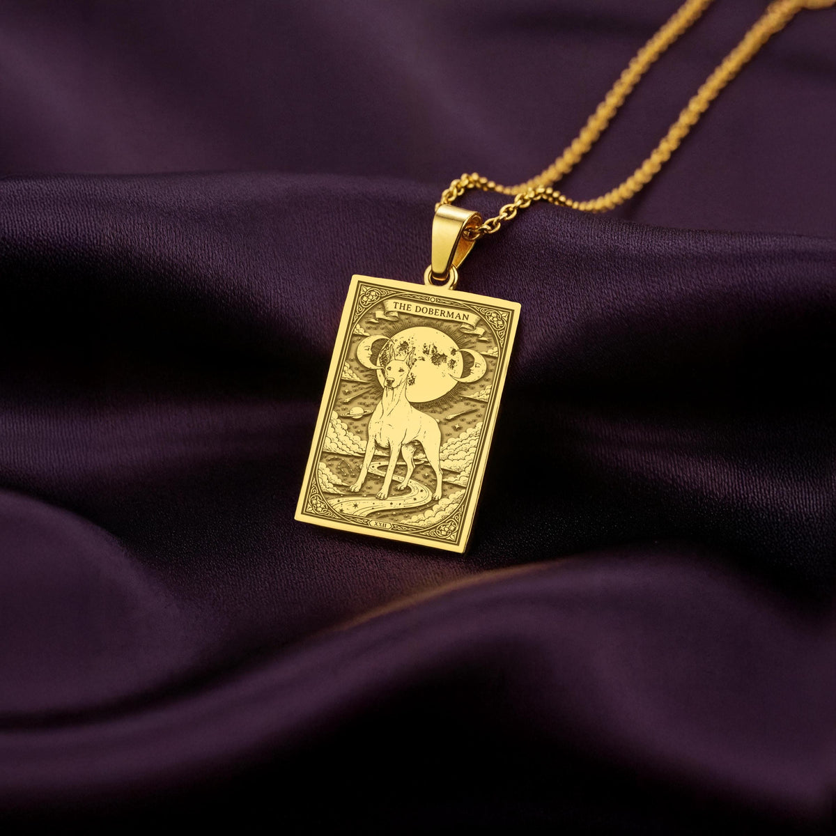 A polished 14K solid gold Doberman medallion. This fine pet jewelry represents the breed's noble spirit, making it a perfect Doberman lover gift.