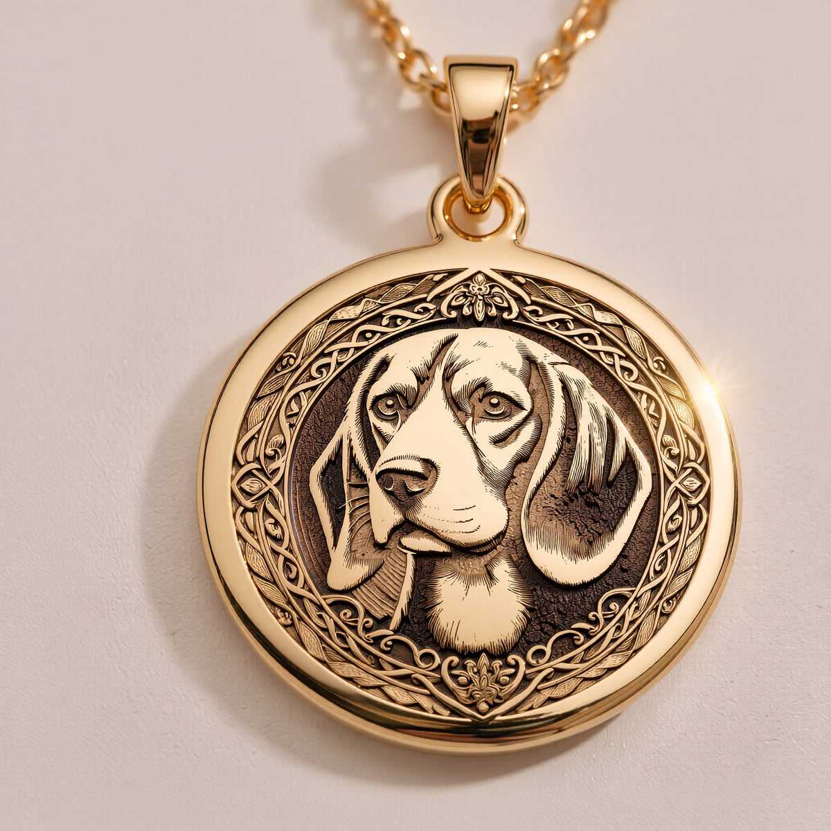 14K Solid Gold Beagle pendant necklace featuring intricate details and a timeless design. Perfect dog lover jewelry gift, crafted for pet enthusiasts and Beagle owners. Luxury gold charm for everyday wear. - View 6
