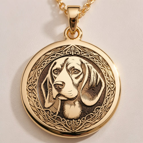 Gold plated pendant featuring a detailed outline of a beagle dog's head with a textured surface finish. The pendant is circular and hangs from a gold chain.