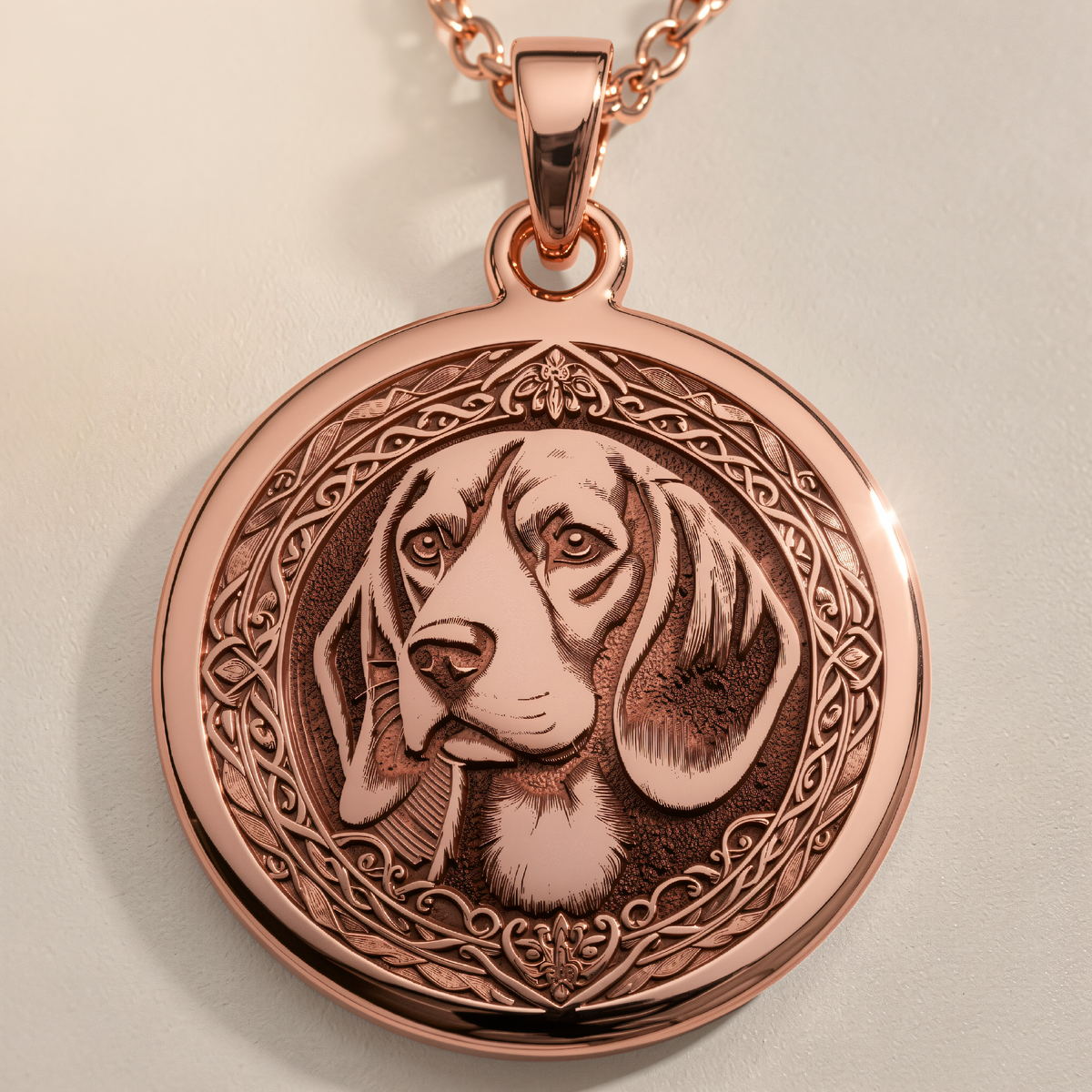 Rose gold plated round pendant engraved with a beagle portrait inside a Celtic knot border