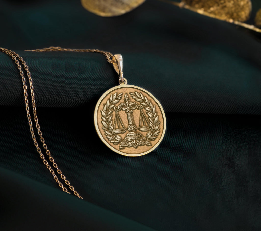 14K solid gold Scales of Justice Necklace, personalized with initials or date. Perfect lawyer gift, symbolizes justice, law, balance, equality. Ideal for lawyers, judges, advocates, law school graduates, and Libra zodiac. Custom legal jewelry.