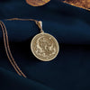 14K Gold Plated Selene Medallion with Greek moon goddess and celestial elements. Lunar deity pendant with flowing robes and ornate star-decorated border. Elegant mythological jewelry gift representing feminine power and celestial energy.