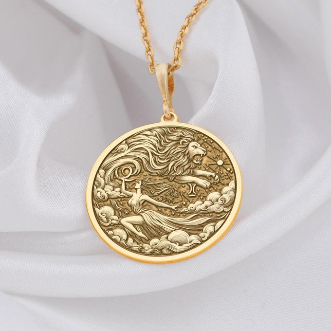 Leo Woman Pendant Elegant Zodiac Lion Necklace for Astrology Lovers, Personalized Leo Zodiac Charm Necklace in Gold Perfect Gift for Leo Women, Gold Lion Medallion Necklace for Leo Women Astrology and Horoscope Jewelry
