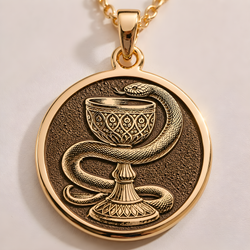Bowl of Hygieia Necklace in a gold finish, shown from the front with detailed engraving on the pendant.
