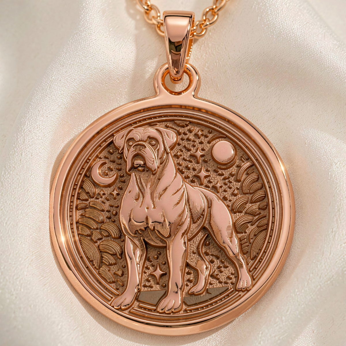 Front view of Boxer Dog Medallion pendant in rose gold plated finish, featuring engraved dog with stars, crescent moon and waves.