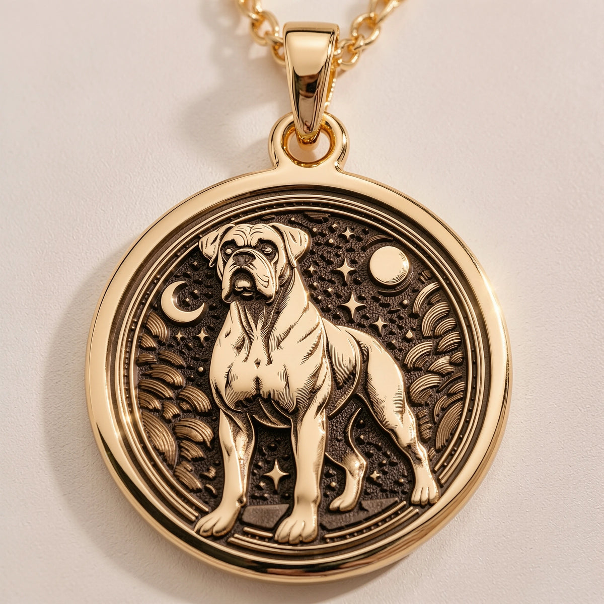 Gold plated pendant featuring a detailed outline of a dog standing in a circular frame with crescent moon and stars motifs. The surface has a polished finish and is attached to a gold chain.