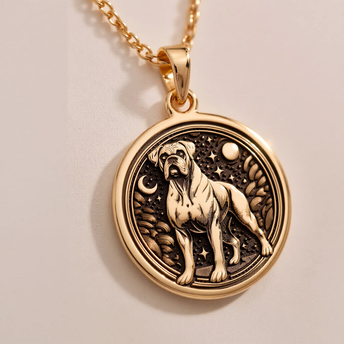 Gold plated pendant featuring a detailed outline of a dog standing in a circular frame with surrounding stars, viewed from the front.