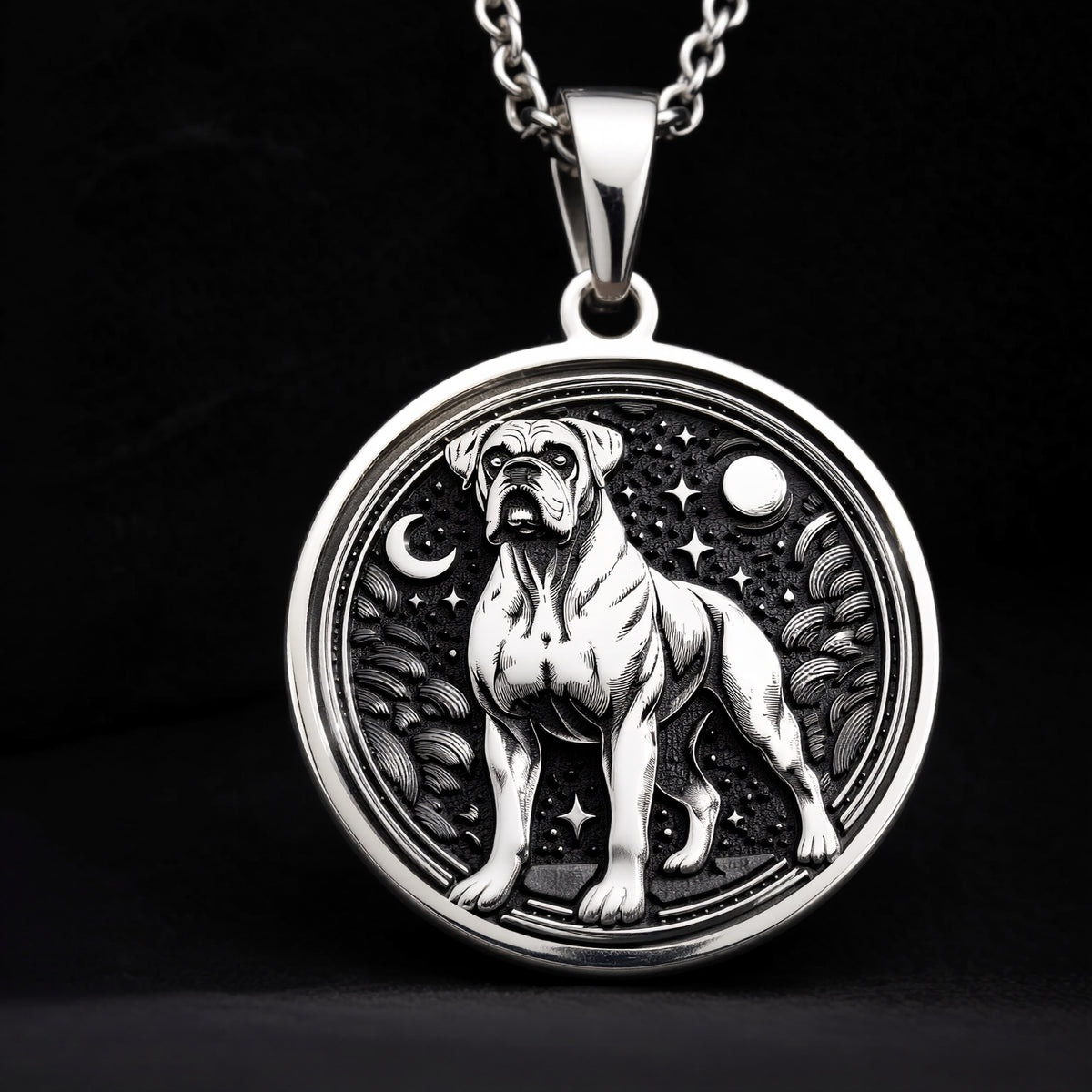Boxer Dog Medallion Canine Guardian Pendant - 925 Sterling Silver