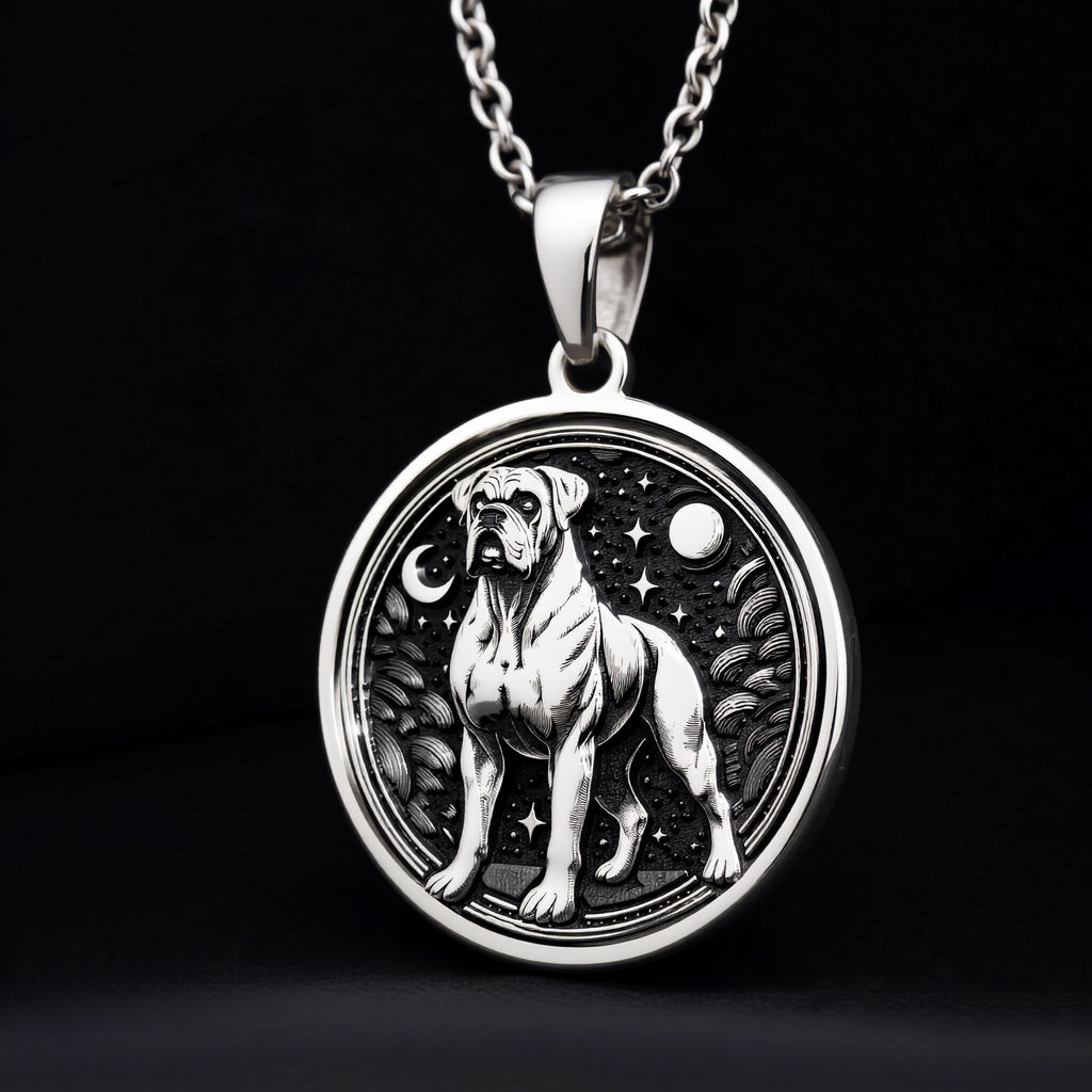 Boxer Dog Medallion Canine Guardian Pendant - 925 Sterling Silver
