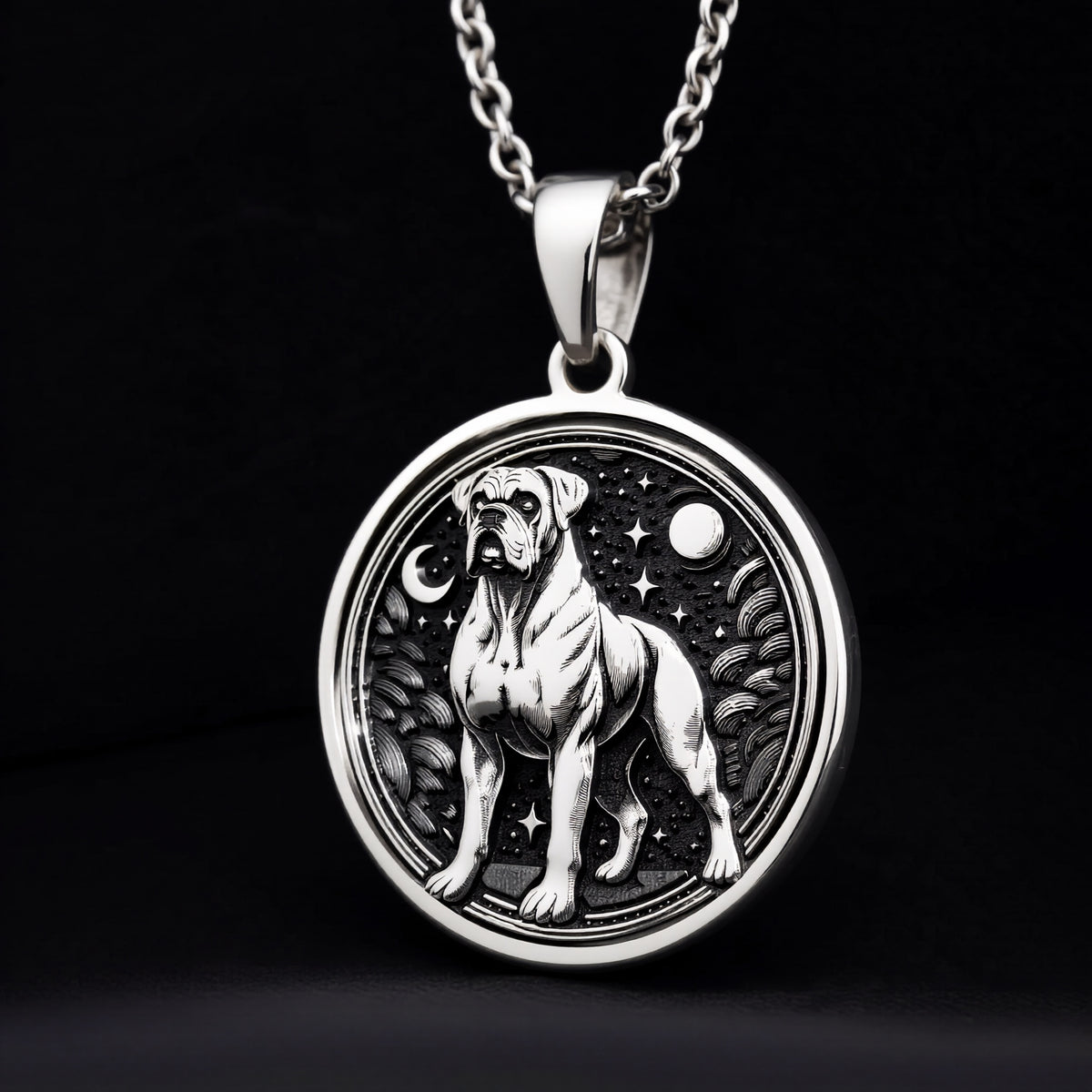 Boxer Dog Medallion Canine Guardian Pendant - 925 Sterling Silver