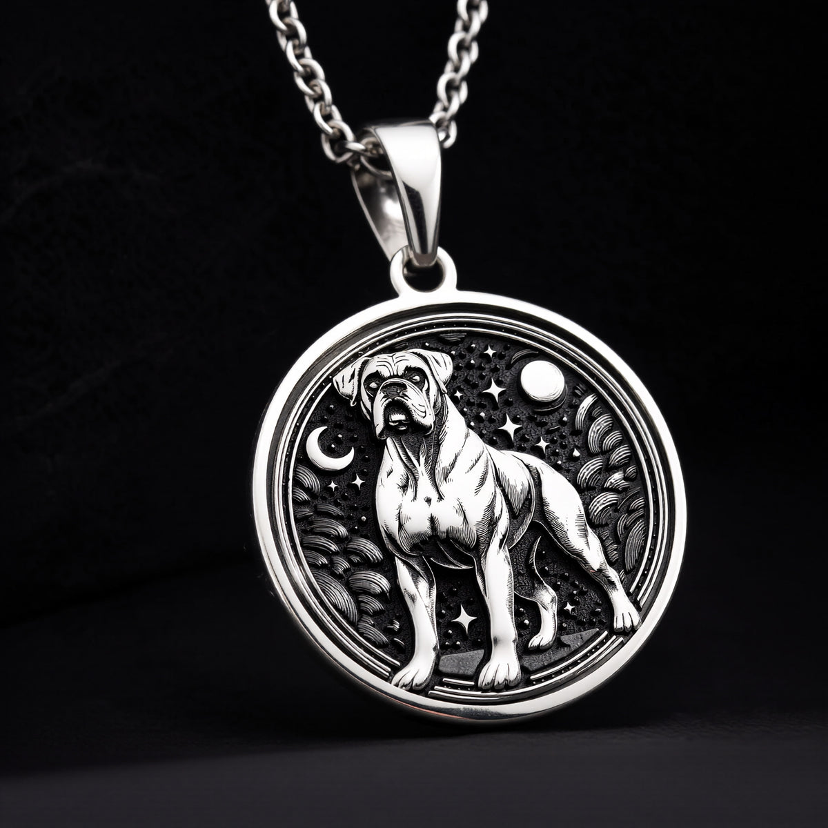 Boxer Dog Medallion Canine Guardian Pendant - 925 Sterling Silver