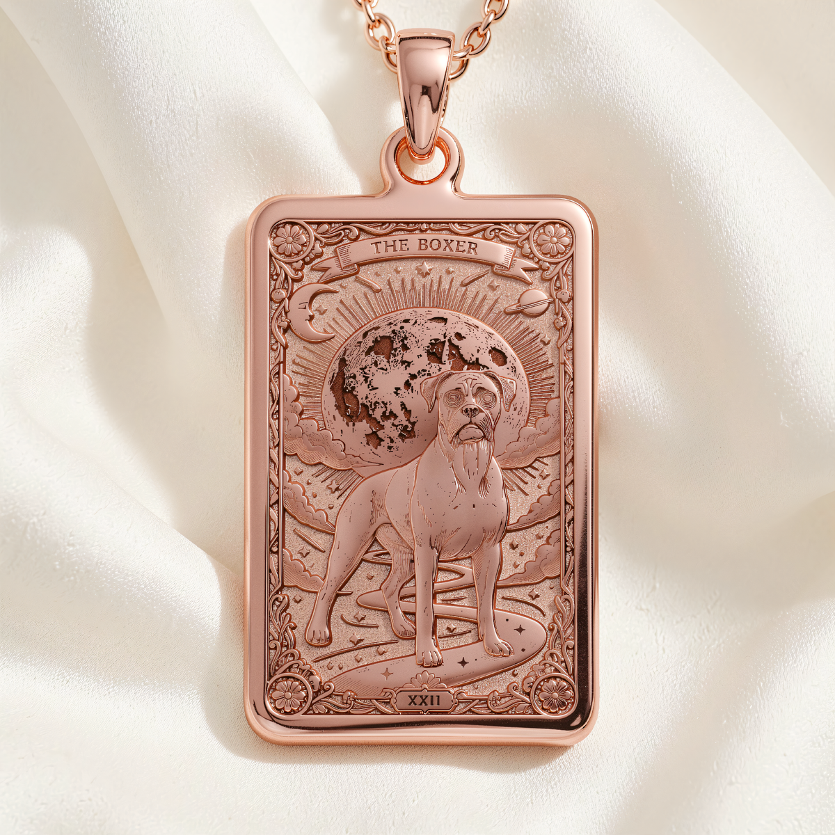 Boxer Dog Portrait Medallion Pendant in rose gold plated, front view showing engraved Boxer portrait and Roman numeral XXII.