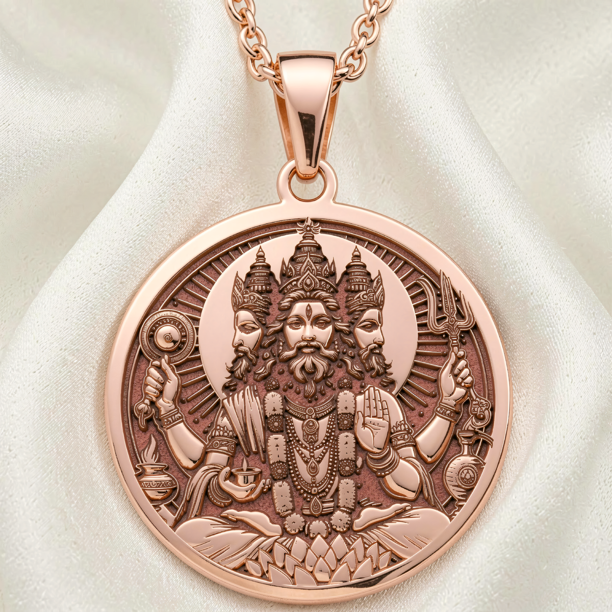 Brahma Creator God Pendant in rose gold plated finish. Front view shows the three-faced deity seated on a lotus.