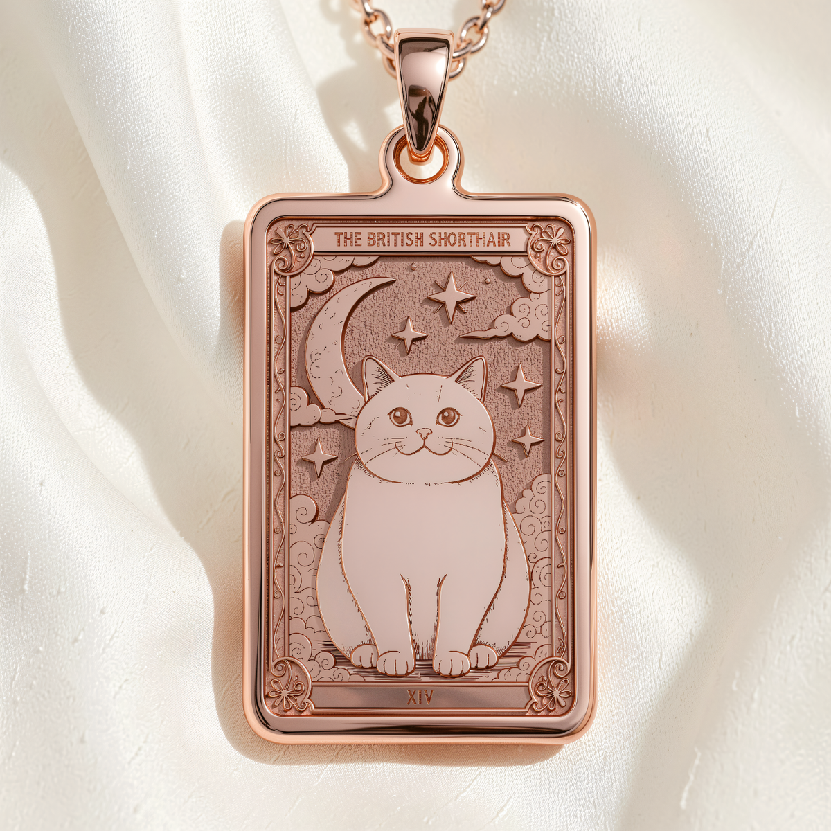 Personalized British Shorthair Cat Tarot Necklace | Silver & Plated Options - Animal Lover Spirit Animal - 14K Rose Gold Plated Front View