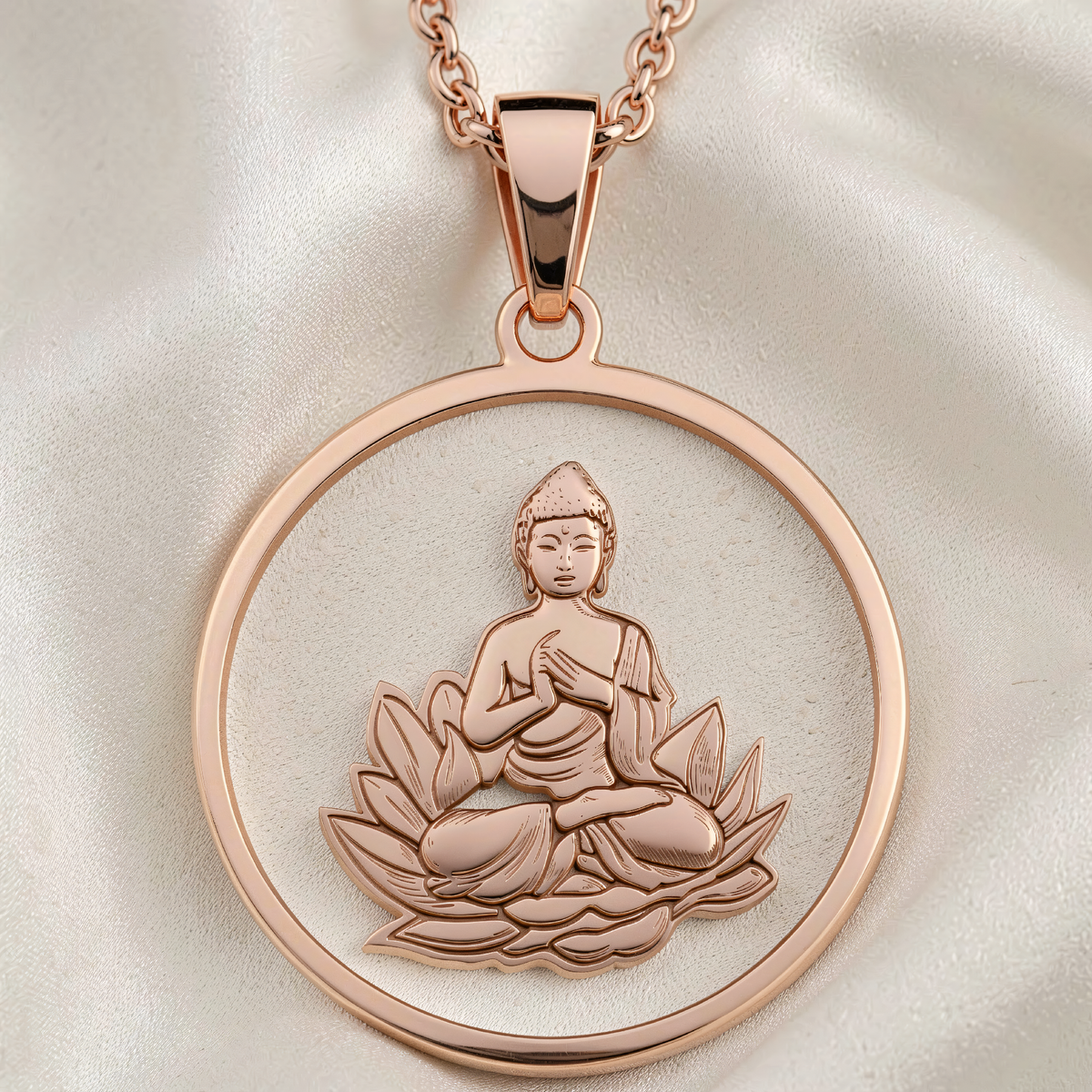 Buddha Lotus Yoga Necklace | Silver & Plated Options - Buddhist Art Meditation Jewelry - 14K Rose Gold Plated Front View