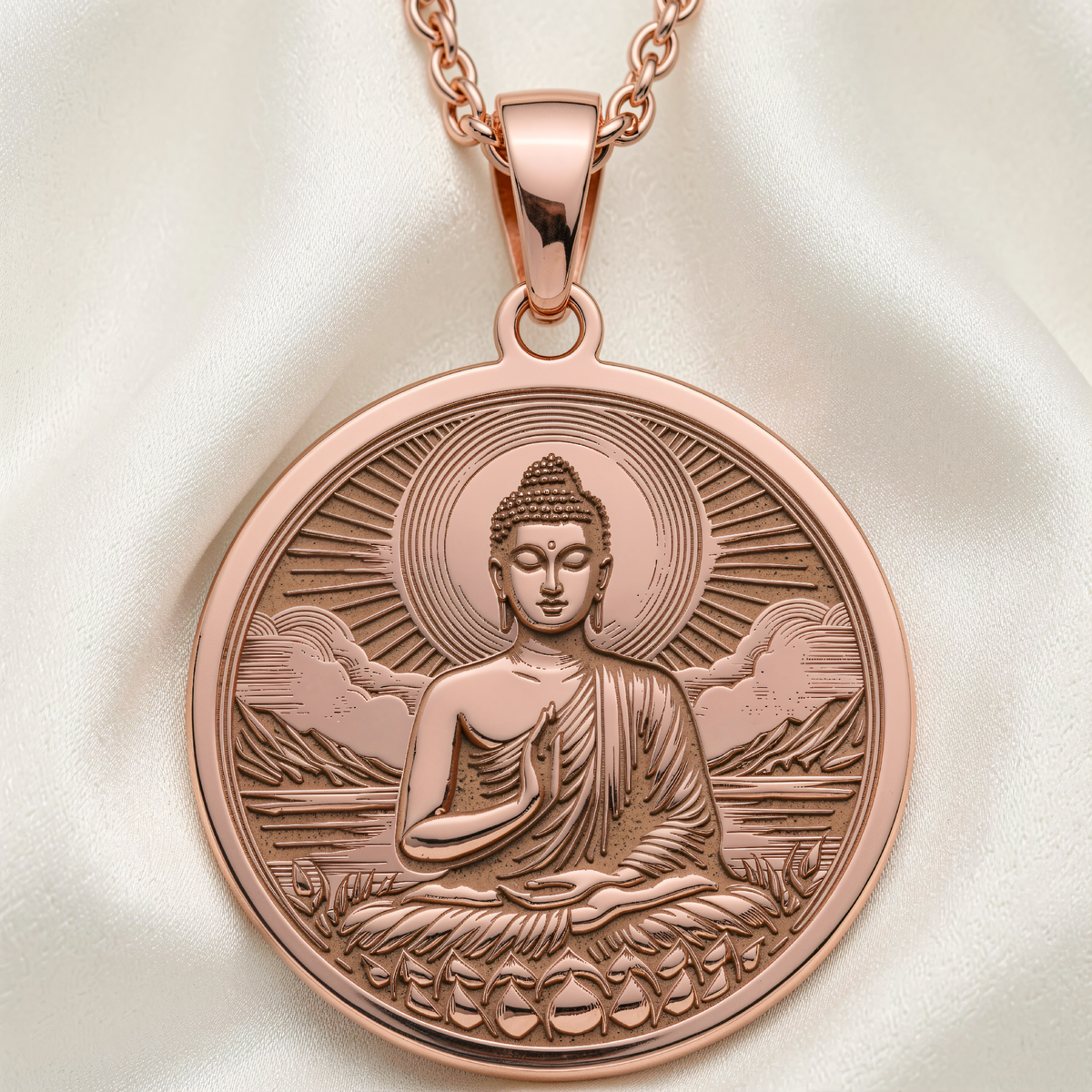 Buddha Medallion Necklace | Silver & Plated Options - Buddhist Art Meditation Jewelry - 14K Rose Gold Plated Front View