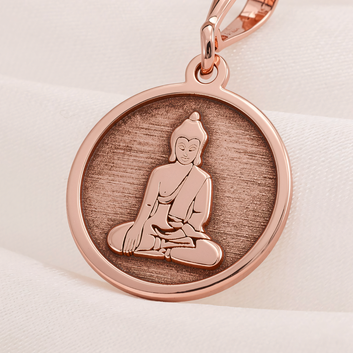 Buddha Medallion Necklace in a polished rose gold finish.
