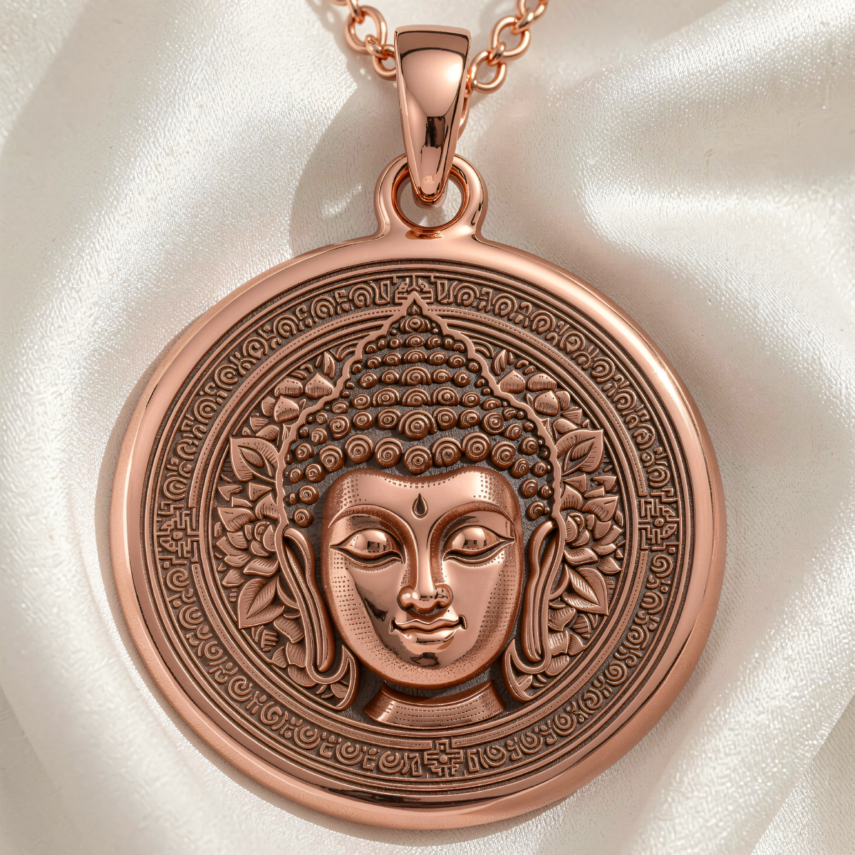 Buddha Medallion Necklace | Silver & Plated Options - Spiritual Protection Sacred Symbol - 14K Rose Gold Plated Front View