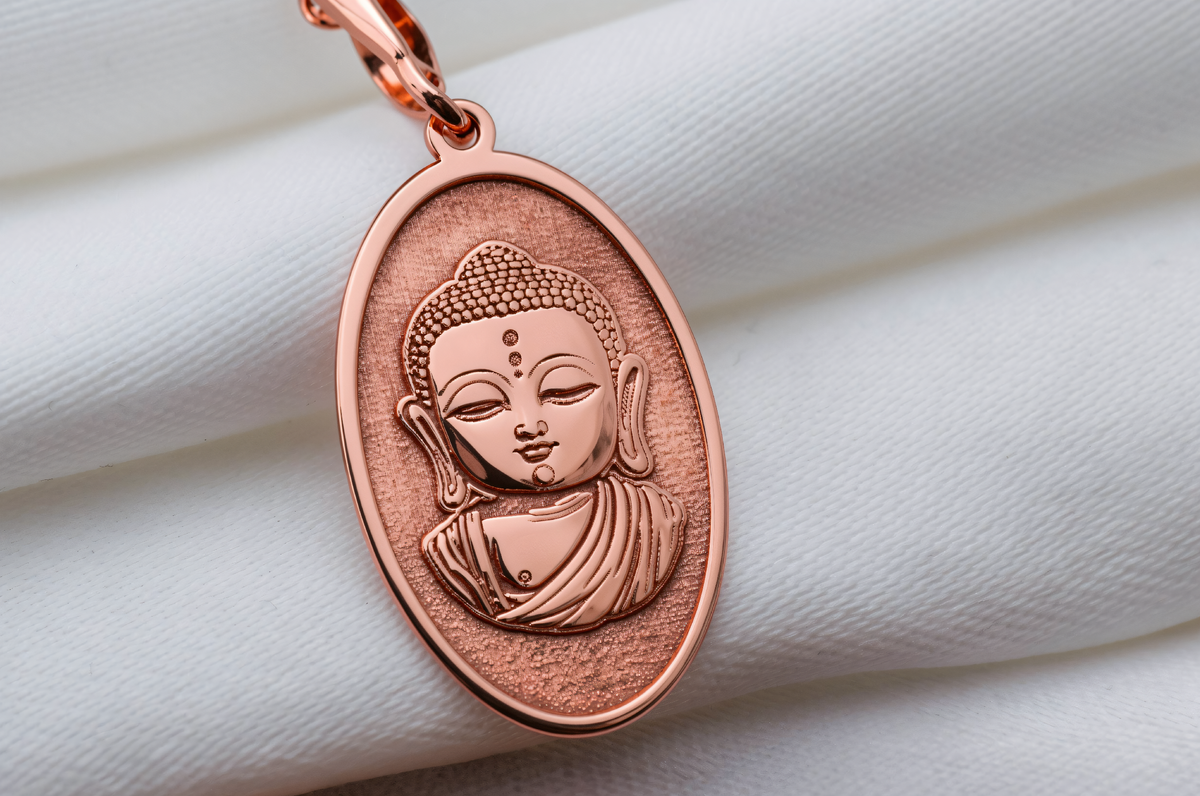 Buddha Medallion Necklace in a polished rose gold finish.
