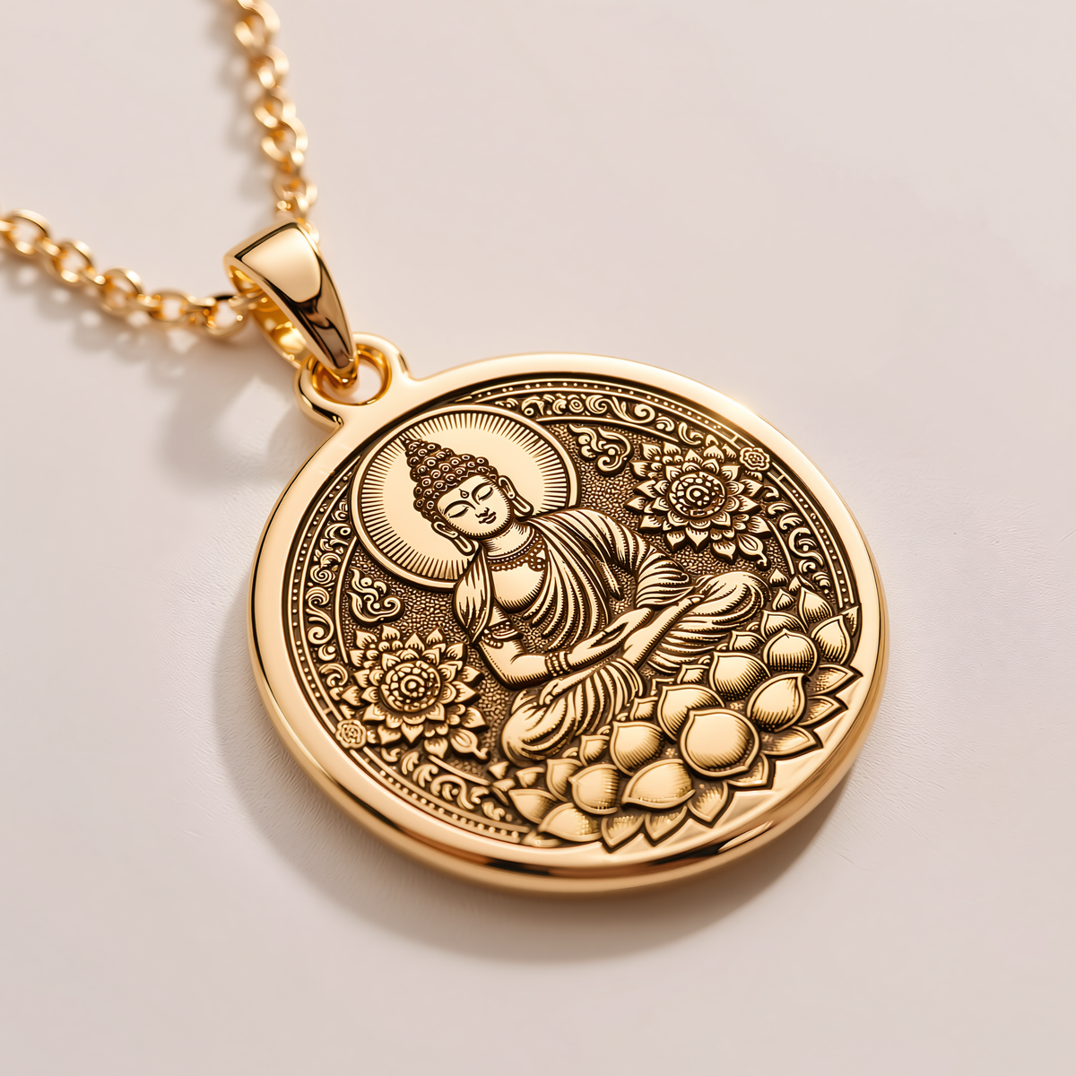 Buddha Zen Necklace - 14K Solid Gold, Left Angle View