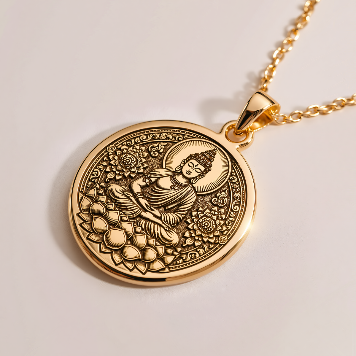 Buddha Zen Necklace - 14K Solid Gold, Right Angle View