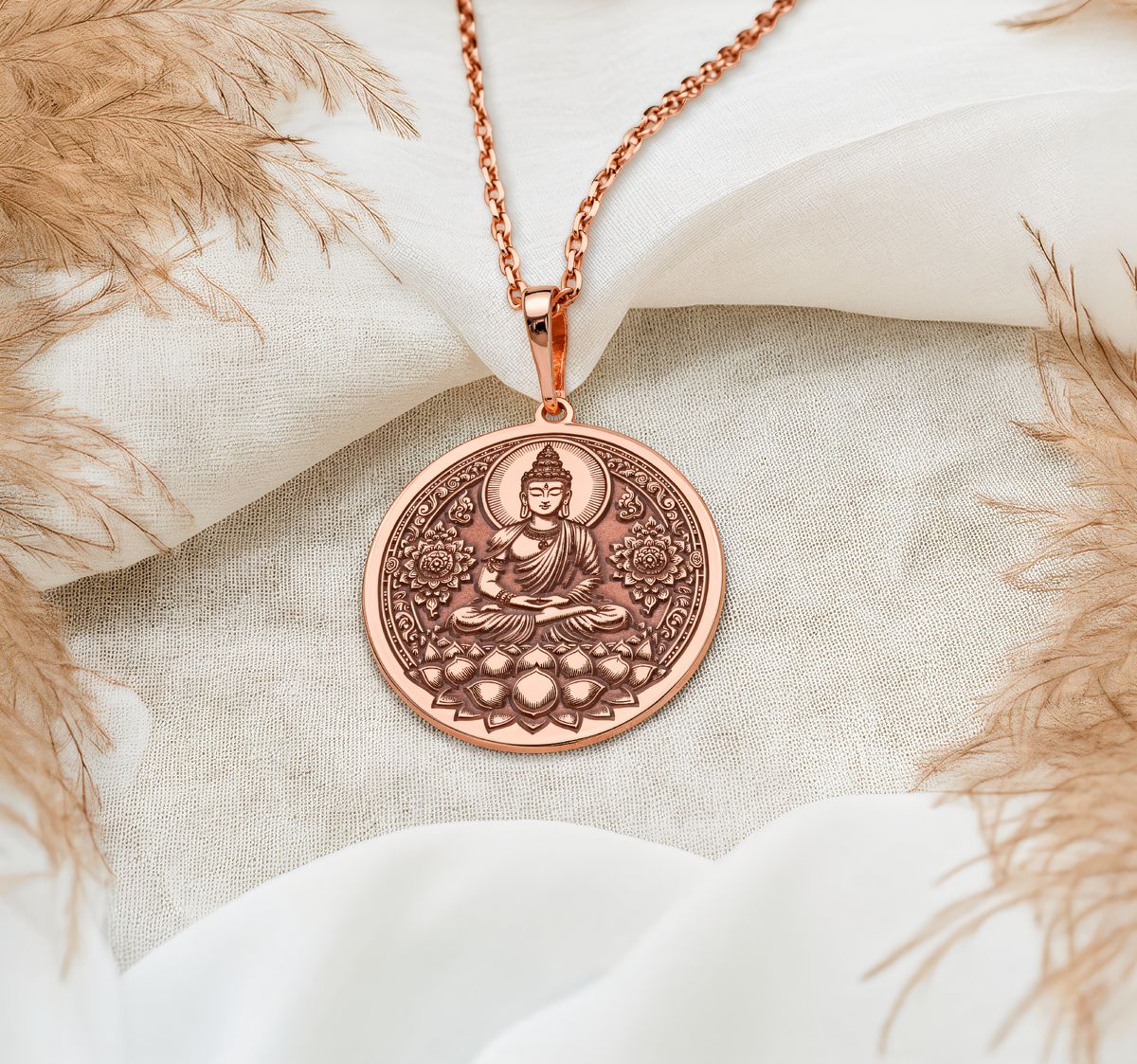 Buddha Zen Talisman Necklace in a polished rose gold finish.