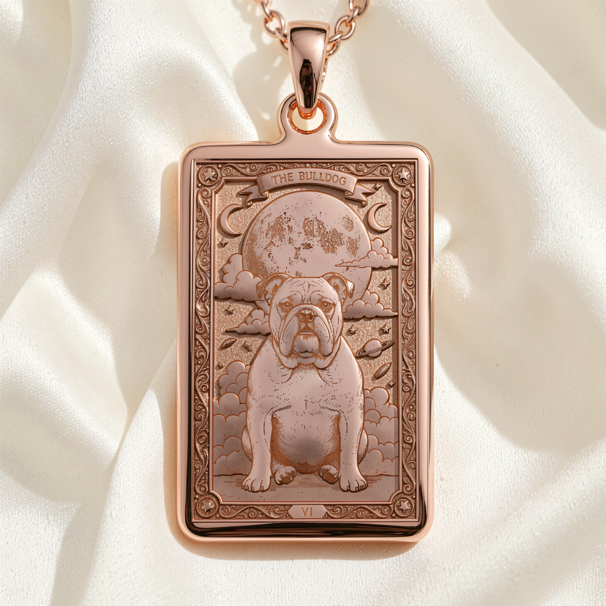 Bulldog Pendant Necklace - Tarot Spirit Animal Charm - 14K Rose Gold Plated Front View