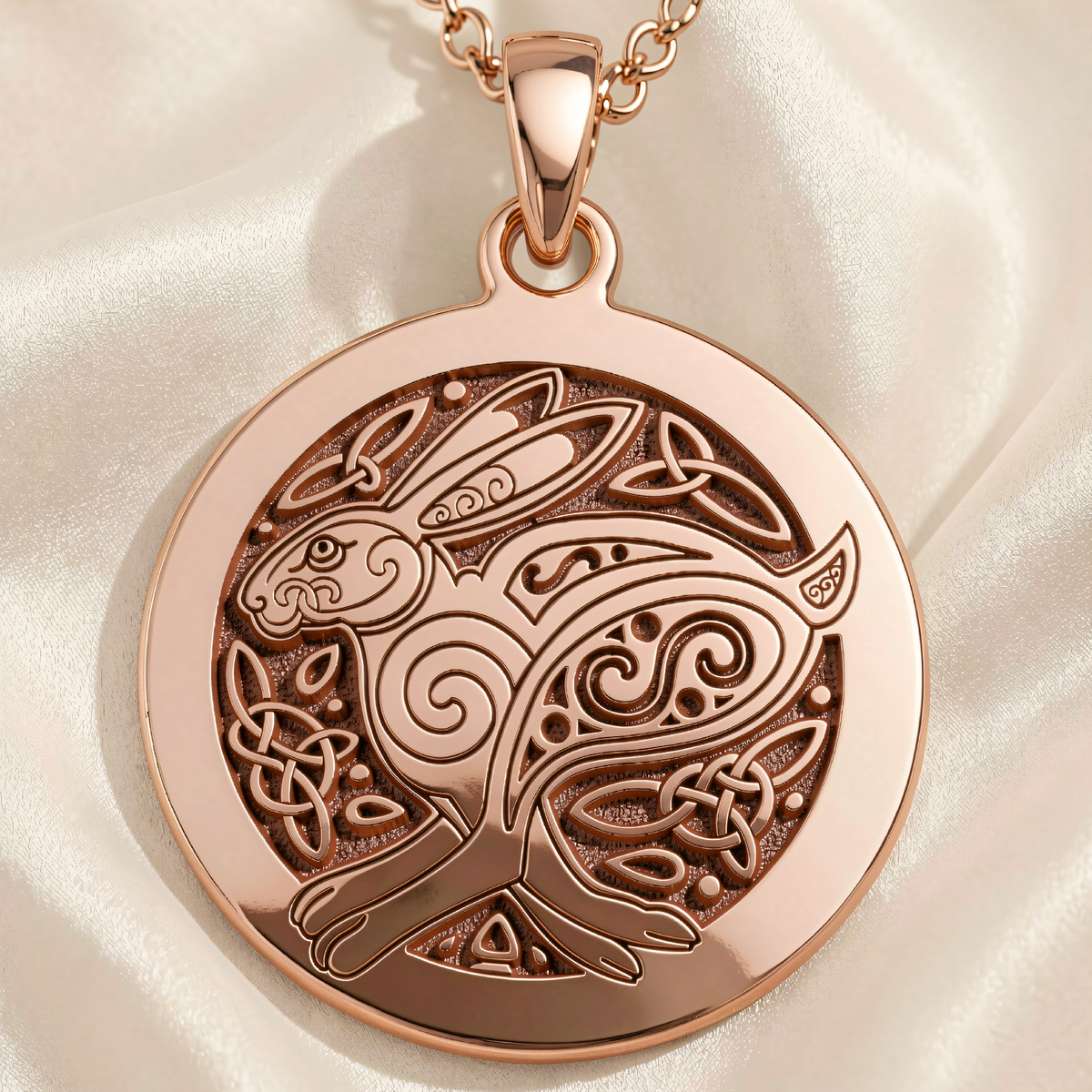 Bunny Rabbit Talisman Necklace in 14K rose gold plated front view showing detailed engraving.