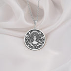 Sterling silver Amphitrite Necklace, a detailed Greek sea goddess pendant featuring ocean waves and celestial elements. Mythology inspired nautical jewelry, perfect gift for ocean lovers, elegant and timeless silver coin necklace for her.