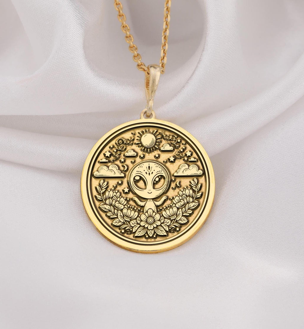 14K Solid Gold Alien Necklace with a detailed alien pendant. Space-themed jewelry for sci-fi lovers and astrology fans. Minimalist and polished, perfect for daily wear or as a unique gift for men or women.