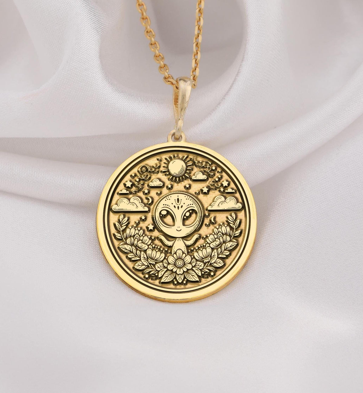 14K Solid Gold Alien Necklace with a detailed alien pendant. Space-themed jewelry for sci-fi lovers and astrology fans. Minimalist and polished, perfect for daily wear or as a unique gift for men or women.