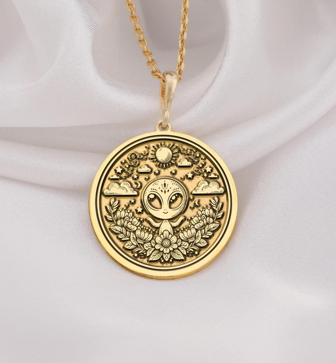 14K Solid Gold Alien Necklace with a detailed alien pendant. Space-themed jewelry for sci-fi lovers and astrology fans. Minimalist and polished, perfect for daily wear or as a unique gift for men or women.