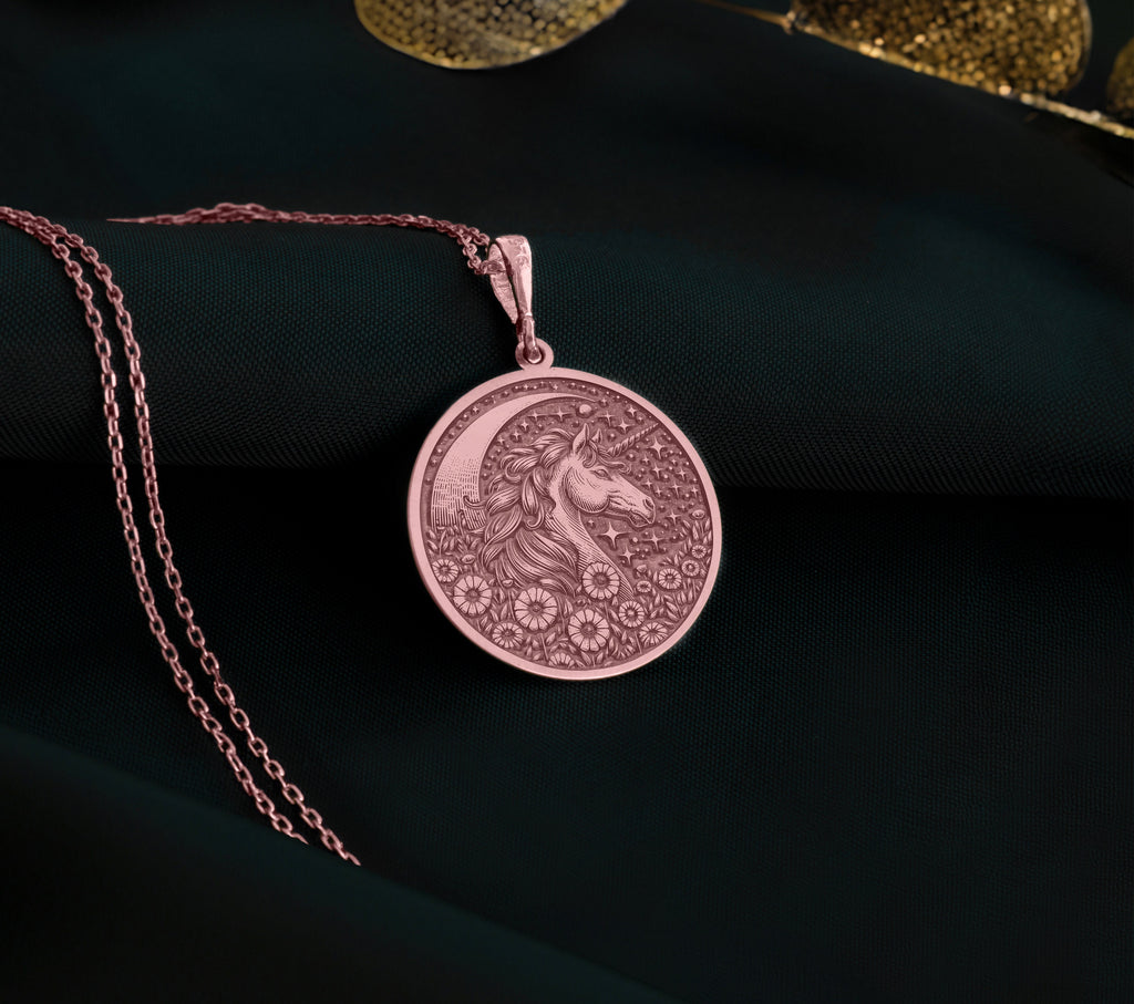 Unicorn Rose Plated Necklace, a stunning piece that blends fantasy with elegance. This rose gold-plated pendant or medallion captures the charm of unicorns. Custom-made for those who seek a unique, magical addition to their jewelry collection."