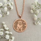 Celestial English Bulldog Medallion Pendants 14K Rose 14K 14K Rose Gold Plated metal bulldog portrait pendant necklace with circular design