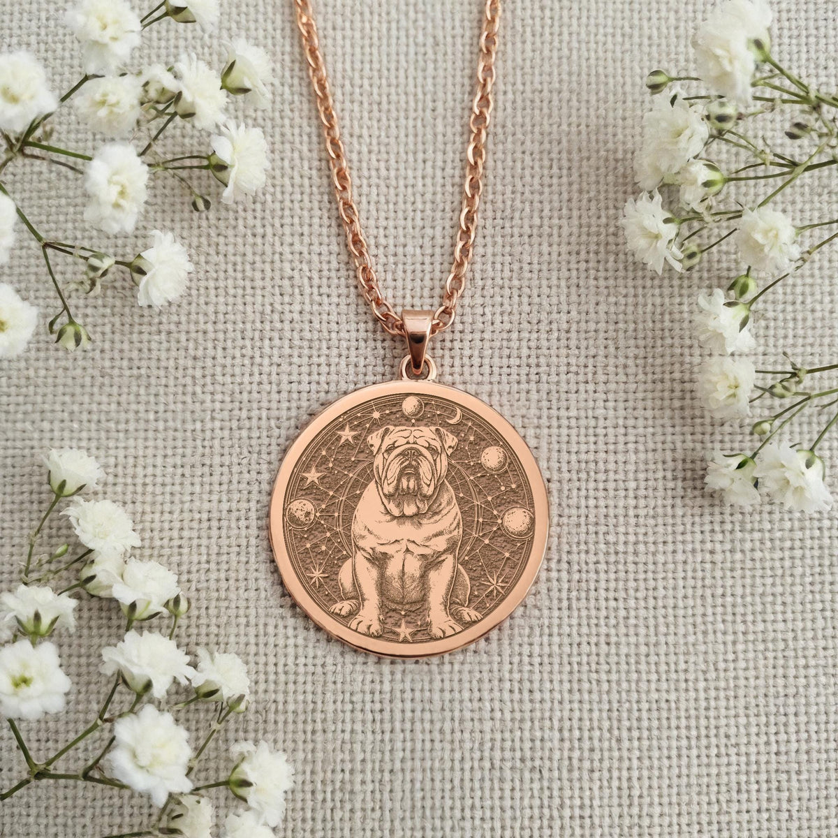 Rose Gold Plated Celestial English Bulldog Pendant with cosmic design. Warm-toned British dog medallion featuring bulldog with celestial elements and moon phases. Mystical jewelry celebrating English Bulldog strength, perfect British breed gift.