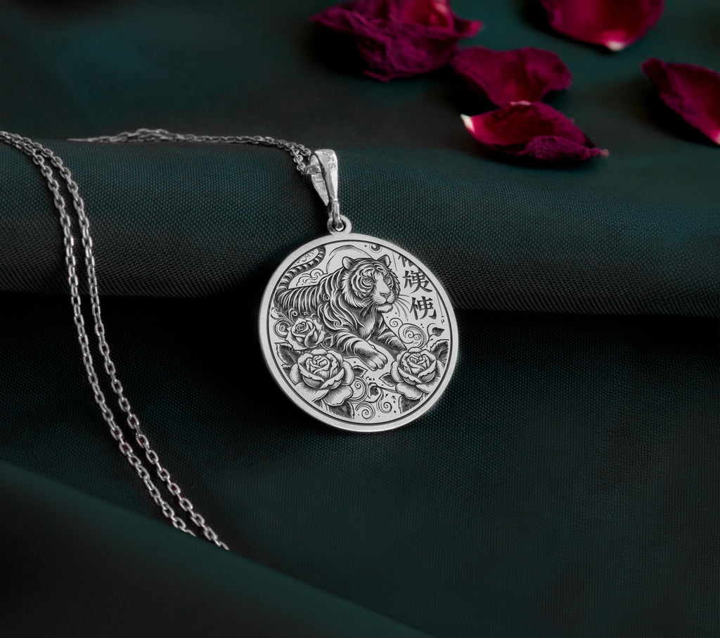 925 Sterling Silver Tiger Pendant Necklace showcasing a tiger and floral motif. A timeless unisex design, perfect as a meaningful gift for birthdays, anniversaries, or those inspired by Chinese Zodiac symbolism.
