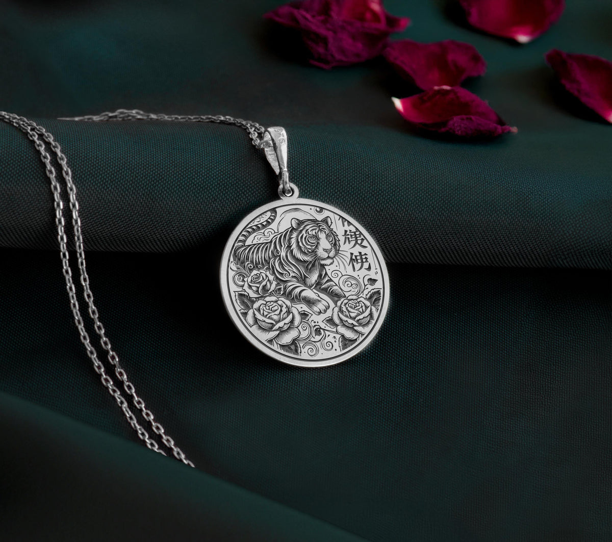 925 Sterling Silver Tiger Pendant Necklace showcasing a tiger and floral motif. A timeless unisex design, perfect as a meaningful gift for birthdays, anniversaries, or those inspired by Chinese Zodiac symbolism.