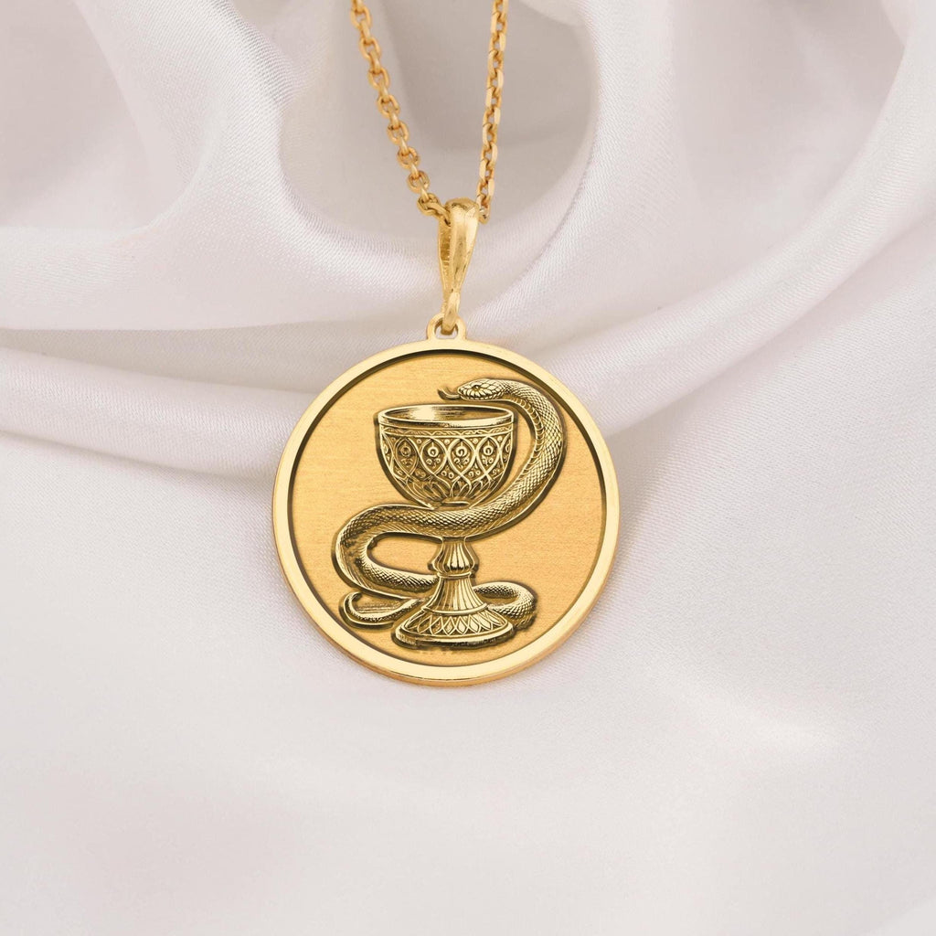 Bowl of Hygieia Necklace Pendants 14K 14K Gold Plated pendant necklace featuring a coiled snake wrapping an ornate vessel design.