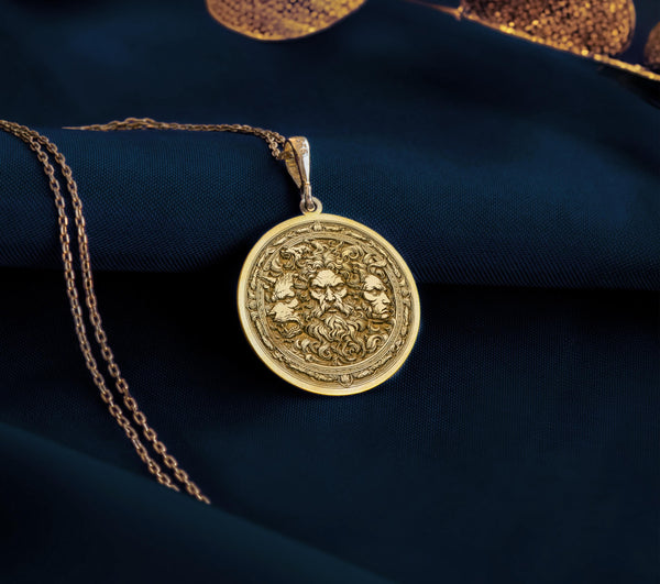 14K Gold Plated Hades Necklace, Greek mythology pendant with Cerberus and Thanatos symbols. Handmade unisex gothic jewelry, ideal as a unique gift for mythology enthusiasts and statement accessory lovers.