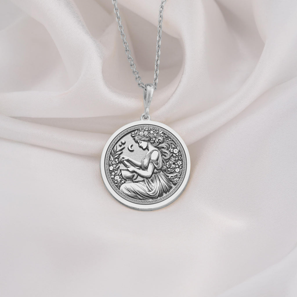 925 Sterling Silver Panacea Medallion showcasing Greek healing goddess with herbal elements. Detailed ancient coin pendant with celestial symbols and flowing design. Medicine goddess jewelry with spiritual significance and healing energy.