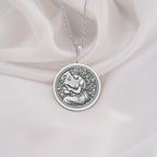 925 Sterling Silver Panacea Medallion showcasing Greek healing goddess with herbal elements. Detailed ancient coin pendant with celestial symbols and flowing design. Medicine goddess jewelry with spiritual significance and healing energy.
