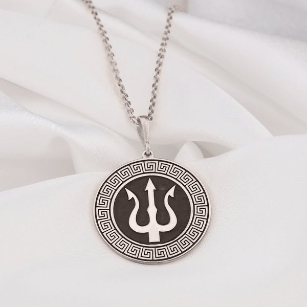 14K Solid Gold Poseidon Necklace, Silver Trident Charm Pendant, Silver Greek God Pendant , Poseidon Charm Necklace, Silver Triskele Pendant