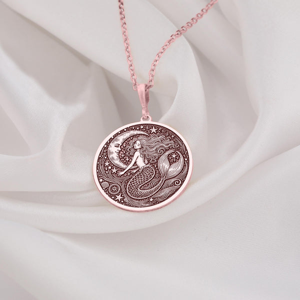 Exquisite mermaid pendant necklace in rose gold plated finish, featuring a celestial moon and detailed mermaid design. A dreamy and elegant gift for ocean lovers, perfect for birthdays, anniversaries, and special moments.