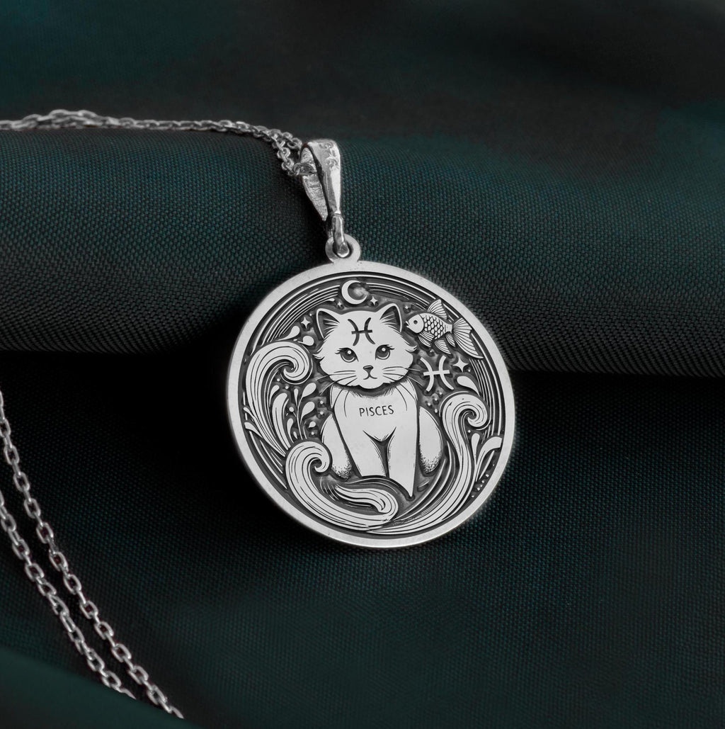 Sterling silver Pisces Zodiac necklace with a detailed cat-themed pendant. Handcrafted astrology jewelry, perfect for women, Pisces birthdays, horoscope lovers, and minimalist personalized gifts.