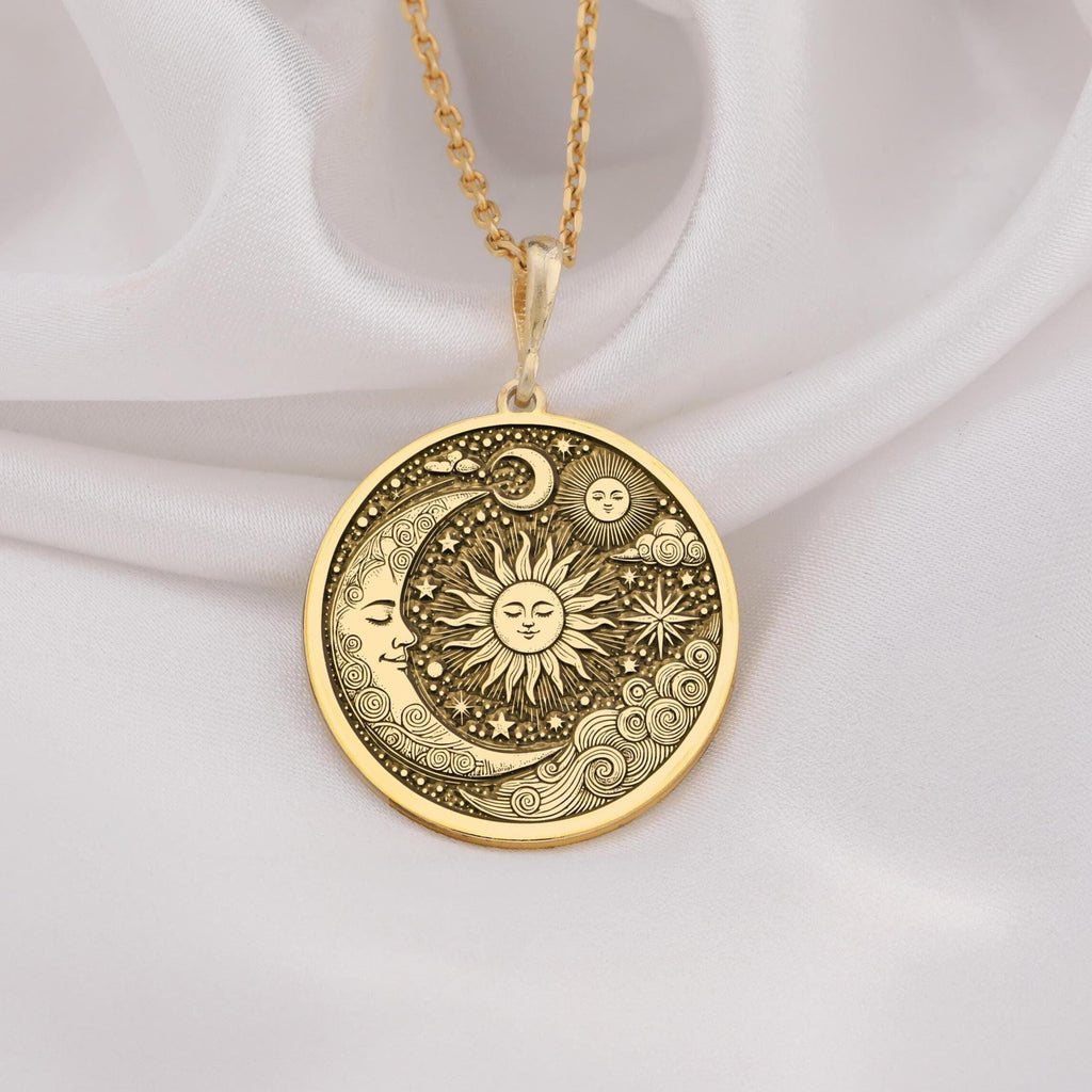 14k gold celestial necklace featuring a handmade sun and moon pendant, personalized astrology jewelry, perfect for gifts, elegant and timeless design.