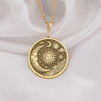 14k gold celestial necklace featuring a handmade sun and moon pendant, personalized astrology jewelry, perfect for gifts, elegant and timeless design.