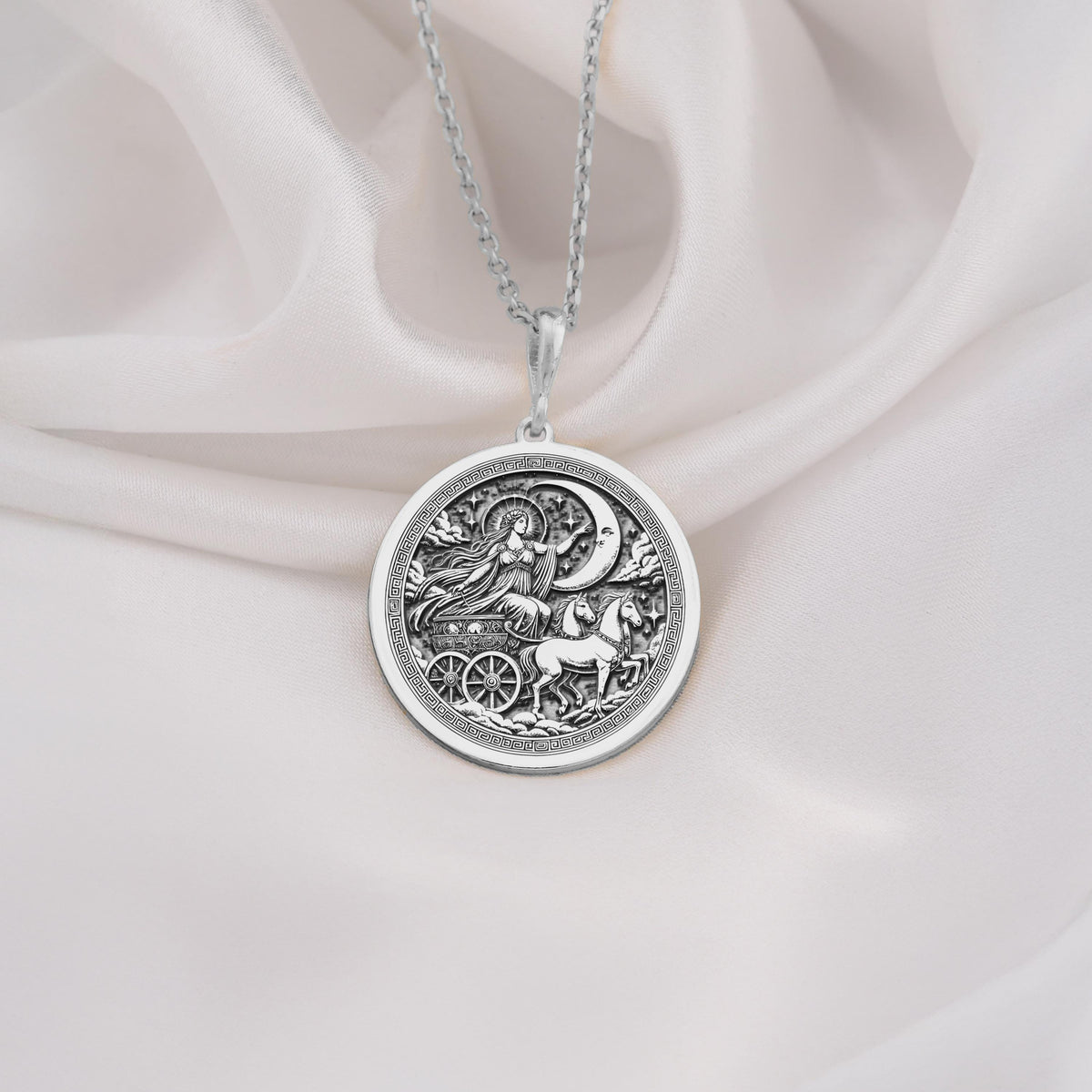 Selene Necklace made in 925 Sterling Silver with a detailed Greek Moon Goddess medallion. Elegant celestial jewelry for mythology enthusiasts and a perfect gift for birthdays, anniversaries, or any special moment.