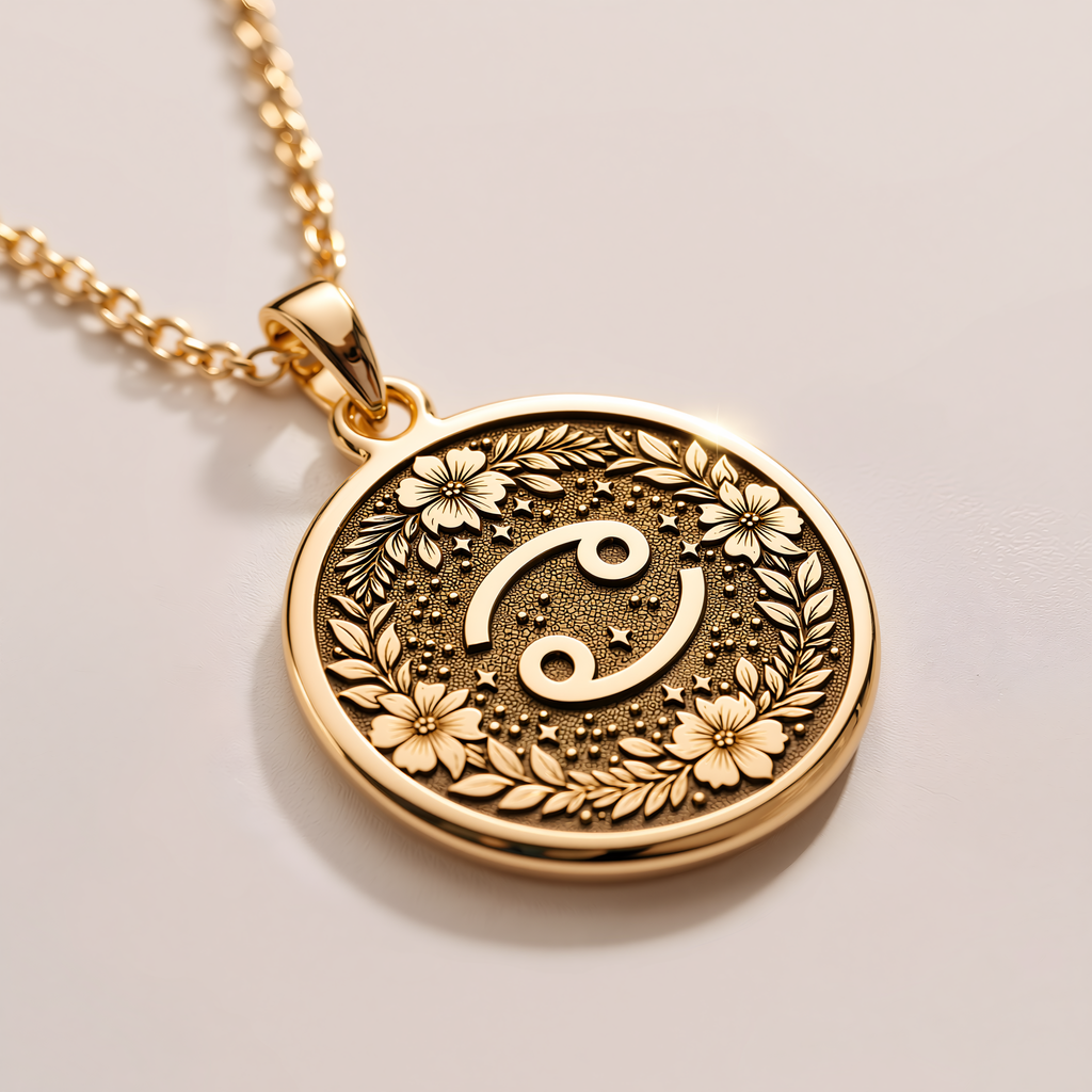 Cancer Crab Astrological Medallion - 14K Solid Gold, Left Angle View