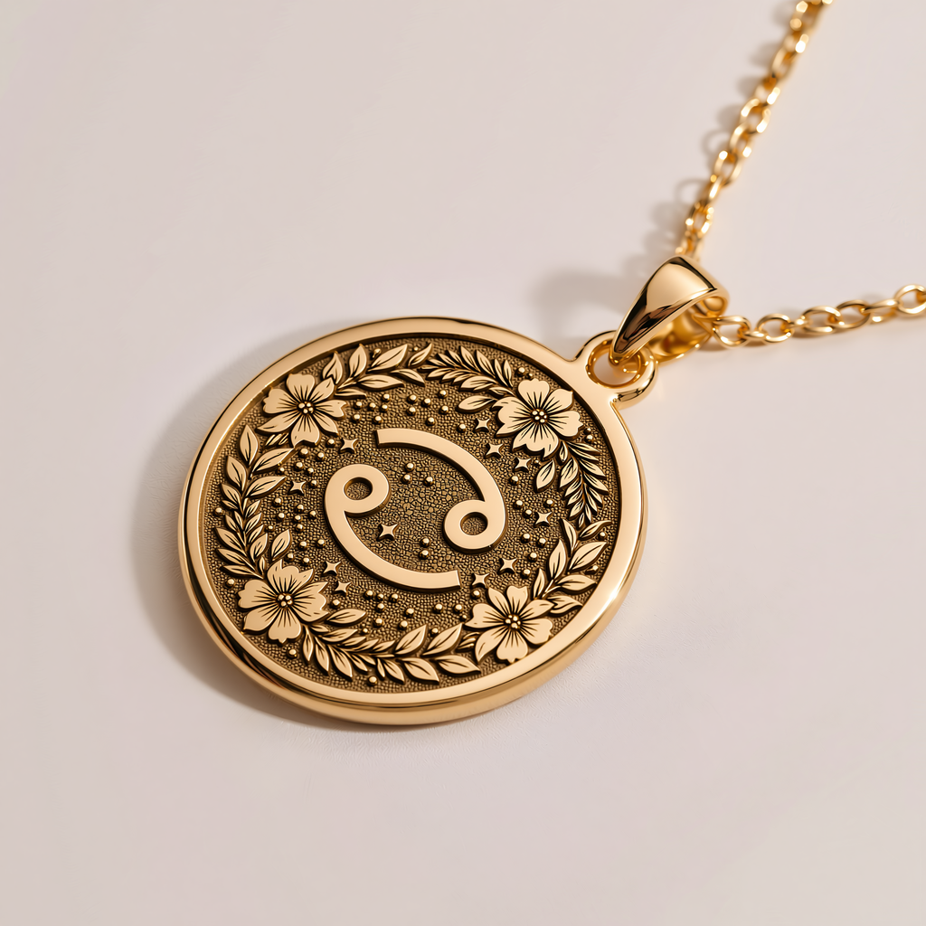 Cancer Crab Astrological Medallion - 14K Solid Gold, Right Angle View