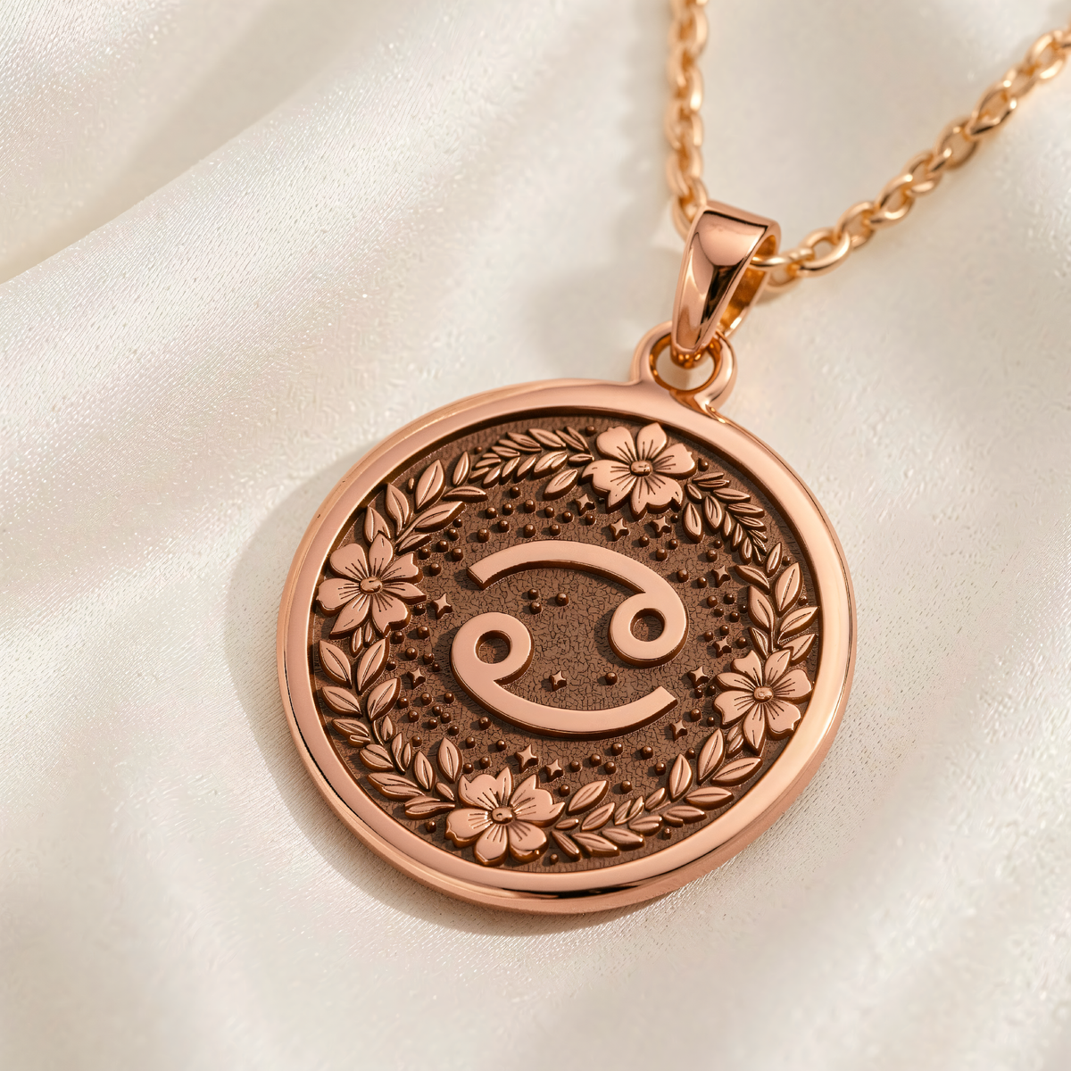 Cancer Crab Astrological Medallion | Silver & Plated Options - Zodiac Horoscope Birthdate Jewelry - 14K Rose Gold Plated Front View